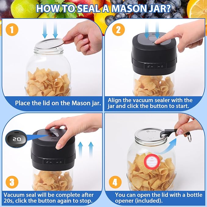 Yoobao Mason Jar Vacuum Sealer, 3 in 1 Electric Jar Sealer Kit for Regular or Wide Mouth Mason Jars, Vacuum Seal Bag, 10 Lids, Can Opener, Automatic Canning Sealing Machine for Food Storage