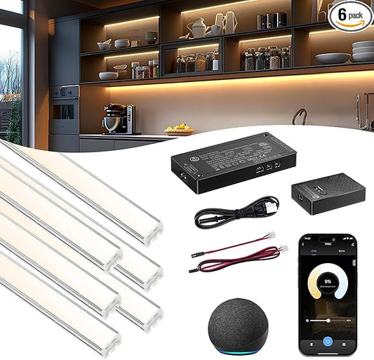 VST Smart Under Cabinet Lighting 6 Bars - UL Listed CRI 93+ Adjustable COB Strip Lights, Alexa & Google Home Compatible, App/Voice/Hand Wave Control for Kitchen Cabinets & Closets