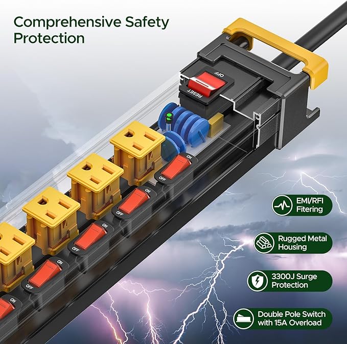 12 Outlet Long Heavy Duty Power Strip with Individual Switches,3300J Surge Protector Metal Power Strip,Wide Spaced,6Ft Cord Managment,ETL Listed(15A/1875W)