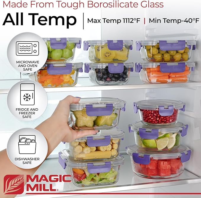 Magic Mill Borosilicate Glass Food Storage Containers with lids Set | Ultimate 24pc Sets with 12 Bowls & 12 Airtight Locking Lids for Lunch & Meal Prep, Safe for Oven, Freezer, Dishwasher, BPA-Free