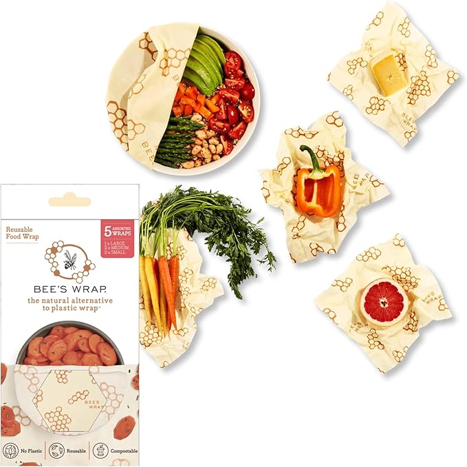 Bee's Wrap Beeswax Wraps for Food - Honeycomb 5 Pack (2L, 3M) Made in USA Reusable & Organic Food Wraps & Bowl Covers - Eco-Friendly Alternative to Aluminum Foil & Plastic Wrap