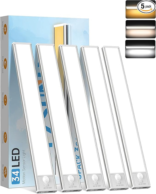 5 Pack Under Cabinet Lighting,Rechargeable Motion Sensor Light Indoor,3 Colors Dimmable,Magnetic Closet Lights,Under Counter Lights for Kitchen