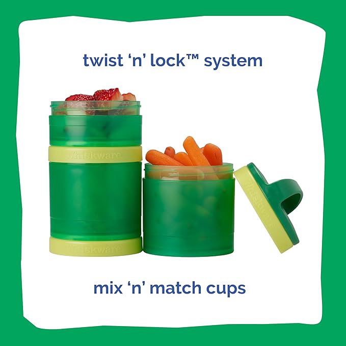 Whiskware Stackable Snack Containers for Kids and Toddlers, 3 Stackable Snack Cups for School and Travel, Green/Yellow/Green