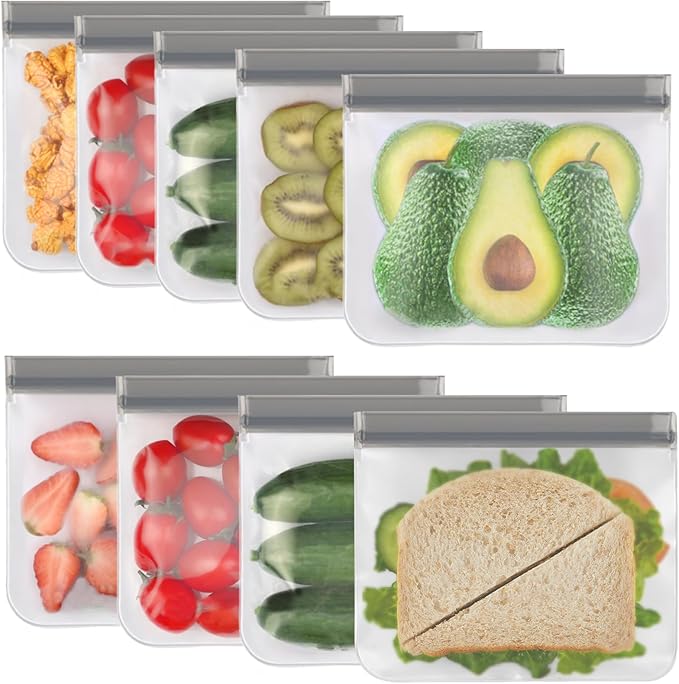 Lerine 9 Pack Reusable Sandwich Bags Dishwasher Safe, Reusable Quart Bags Extra Thick Leak-proof Freezer Bags for Marinate Meats, Cereal, Sandwich, Travel Items, Home Organization