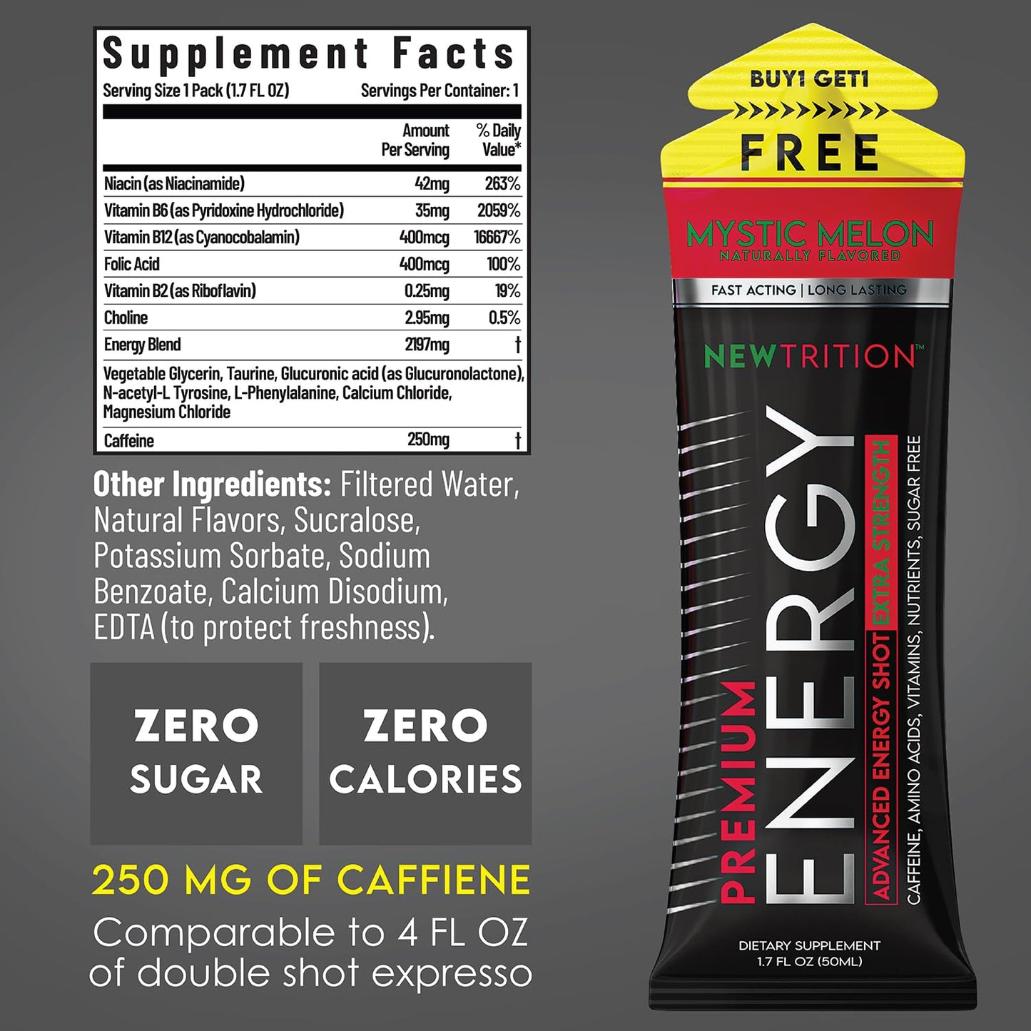 NewTrition® Extra Strength Energy Shots, 250mg Caffeine Energy Shots with Vitamin B & Amino Acids, Sugar-Free Vitamin Energy Shot, 1.7 fl oz (Pack of 24, 4 Flavors-Mixed-1)