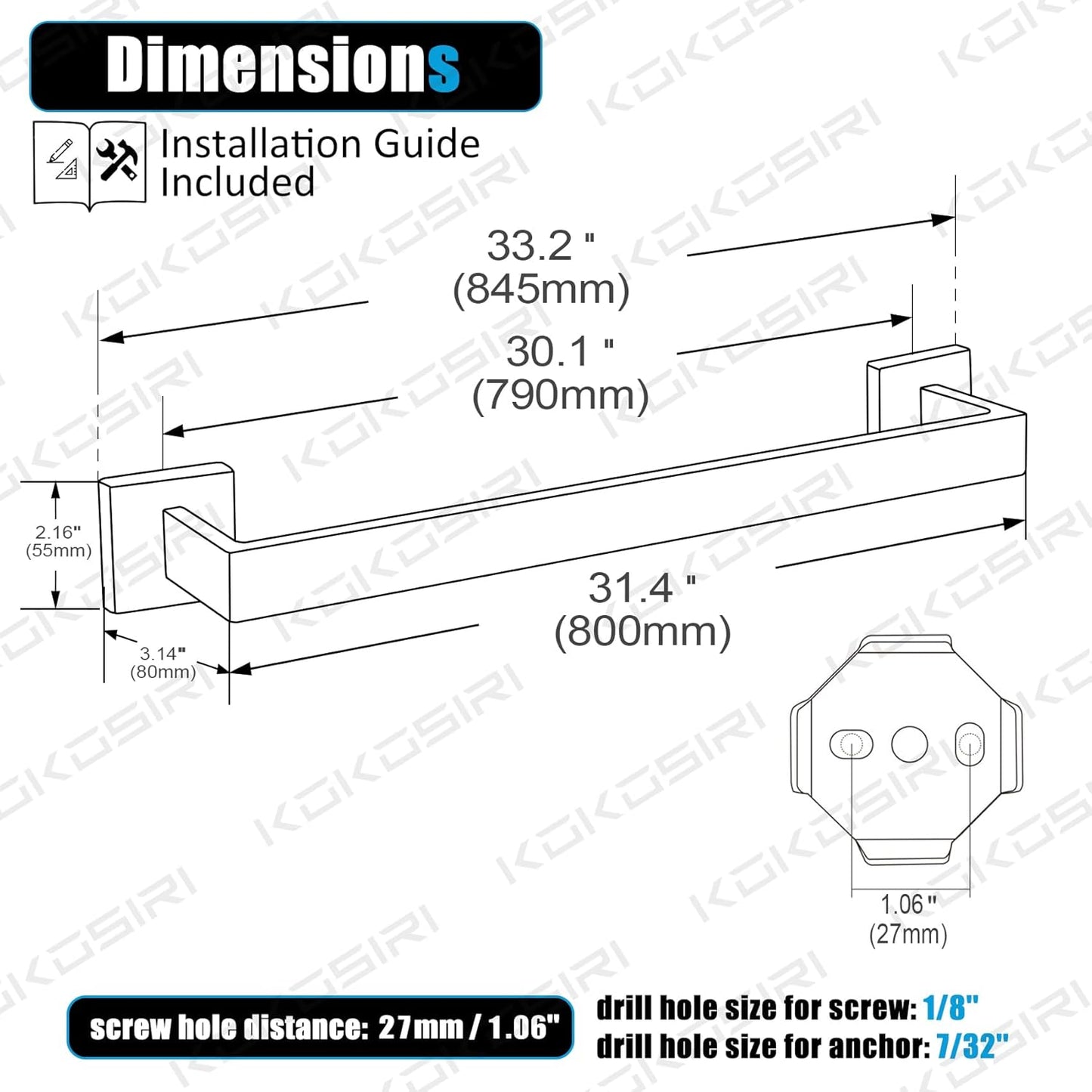 KOKOSIRI 32-Inch Single Towel Bar, Bathroom Kitchen Towel Holder, Wall Mounted SUS304 Stainless Steel Towel Rack, Matte Black, B4003BK-L32