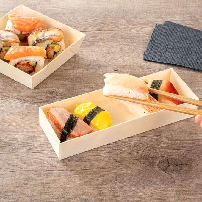 Restaurantware Taipei 9 Ounce Food Containers 100 Rectangle Wooden Bento Boxes - With Window Lids Grease Impermeable Poplar To Go Boxes Disposable Serve Sushi Dumplings And More