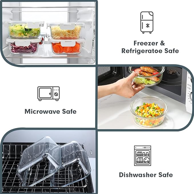 VERONES 30 Pieces Glass Meal Prep Containers Set, Stackable Glass Food Storage Containers with Lids-Airtight Lunch Containers，for Microwave, Oven, Freezer & Dishwasher,White
