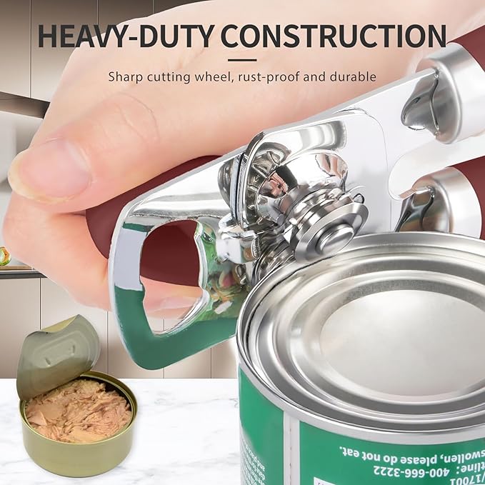 Can Opener Manual, Heavy Duty Stainless Steel Smooth Edge Can Opener With Soft Touch Handle, Oversized Handheld Easy Turn Knob, Multi-Function Bottle Opener, Red