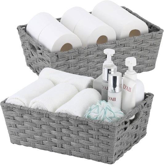 Large Wicker Storage Basket, Metal Frame, Set of 2, Washable Waterproof, 15" x 10.3" x 5.2", Grey Color, Woven Basket for Pantry, Toilet, Bathroom, Bedroom, Patio