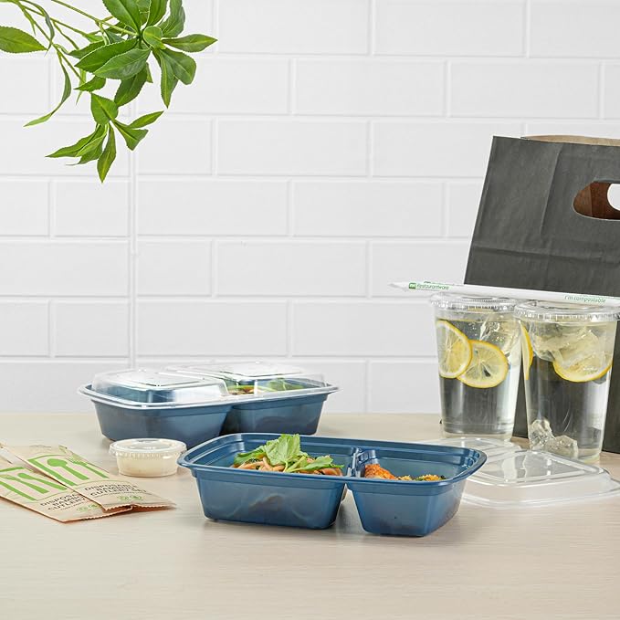 Restaurantware-Asporto 26 Ounce Compartment Take Out Boxes, 100 Microwavable Meal Prep Containers - 2 Compartments, With Clear Plastic Lids, Midnight Blue Plastic Food Containers, Do Not Contain BPA
