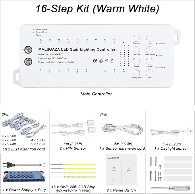Motion Sensor LED Stair Light Kit, Multiple Working Mode Step Lights Including 3.28ft Cuttable COB LED Strips Indoor with Pannel Switch (16Stairs,3000K)