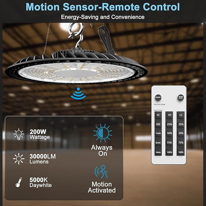 Smart 200W LED High Bay Light 30000LM 5000K UFO High Bay Lighting Motion Activated High Bay LED Lights AC100-277V for Warehouse Barn Remote Included- 10Pack