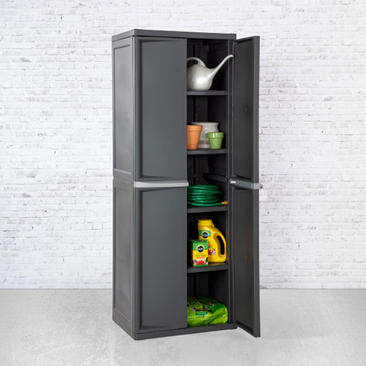 Sterilite 4 Shelf Cabinet, Lockable Utility Storage w/ Adjustable Shelves, Gray - Plastic Shelving Unit for Organizing Garage, Pantry, Basement, Laundry Room or Mudroom