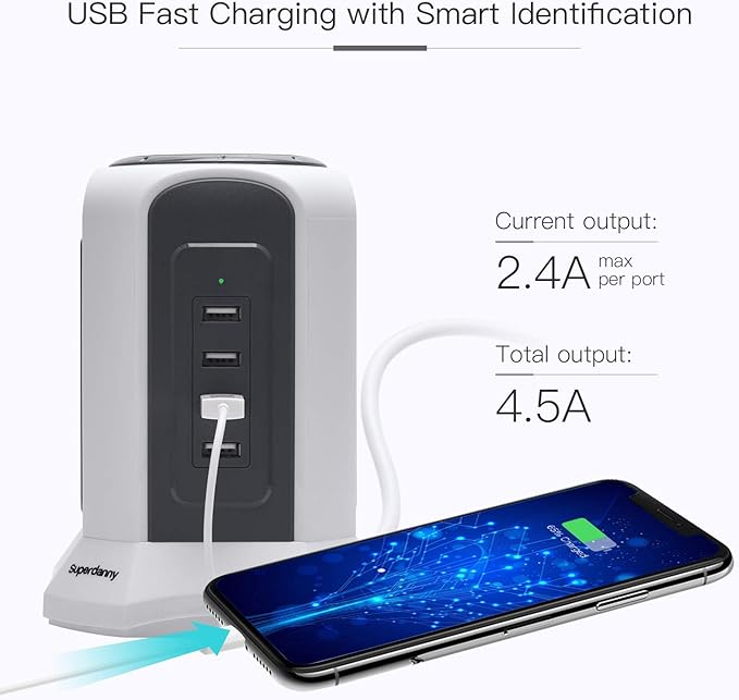 10ft Power Strip Tower Wireless Charger SUPERDANNY Surge Protector Extension Cord 10A 9-Outlet 4.5A 4 USB Electrical Charging Station Universal Socket for Laptop Phone White and Gray