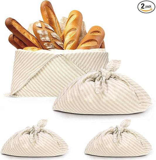yeload 2 Pack Beeswax Bread Bags, Striped Linen Bento Bags, 14" Cotton Loaf Bag, Reusable Organic Food Storage, Sourdough Bag, Rustic Farmhouse Azuma Bukuro Origami Wrap for Baked Gifts (Beige, 2)