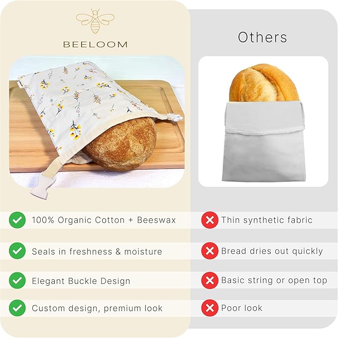 XL Reusable Beeswax Bread Bags (Set of 2) – 100% Cotton & Beeswax Lining – Eco-Friendly - Freezer Safe - Keeps Bread Fresh Longer -Easy to Clean Cloth Bags for Sourdough