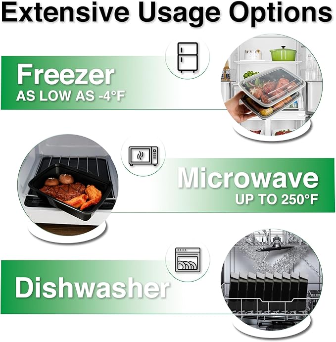 Meal Prep Containers Reusable 15 Pack-34 oz Food Storage Containers with Lids To Go Food Containers Takeout with 15 Forks, Microwave Dishwasher Freezer Safe, BPA Free, Plastic (Black)