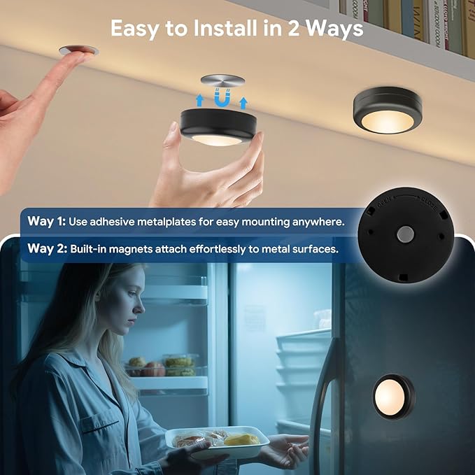 Yiliaw LED Puck Lights with Remote Control, AA Battery Operated, 12 Color Closet Under Cabinet Lighting, Push Tap Light, Under Counter for Kitchen, 12 Pack, Black-Magnetic