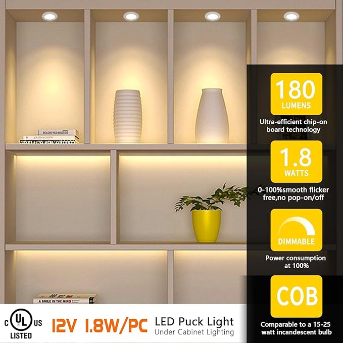 VST Under Cabinet Lights CCT 3000K-6500K, LED Puck Light Color Temperature and Brightness Adjustable with Touch Remote Dimmer ETL-Listed LED Driver for Drawer Wardrobe Kitchen (10Pcs Black)