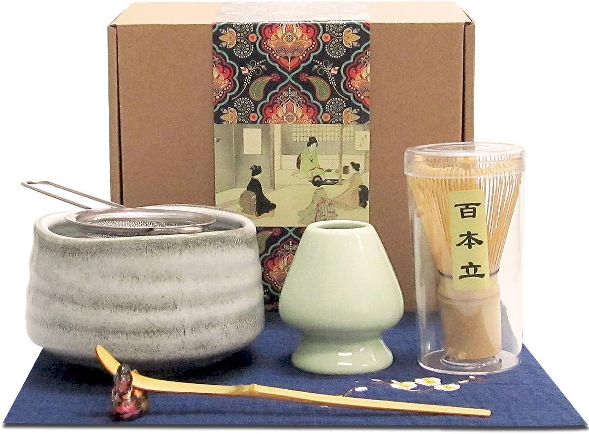 Artcome Japanese Matcha Tea Set, Matcha Whisk, Traditional Scoop, Matcha Bowl, Ceramic Whisk Holder, Handmade Ceremony Kit (7 Pcs)