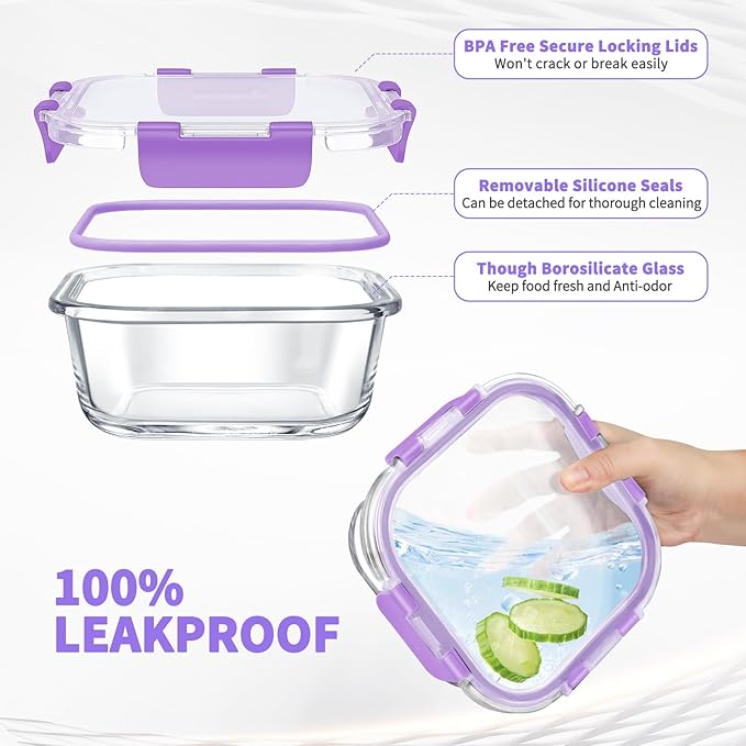 34pcs Glass Food Storage Containers with Lids Set, Airtight Glass Meal Prep Containers (17 Containers & 17 Lids), Leak Proof Lunch Containers BPA-Free, Microwave, Oven, Freezer, Dishwasher Safe