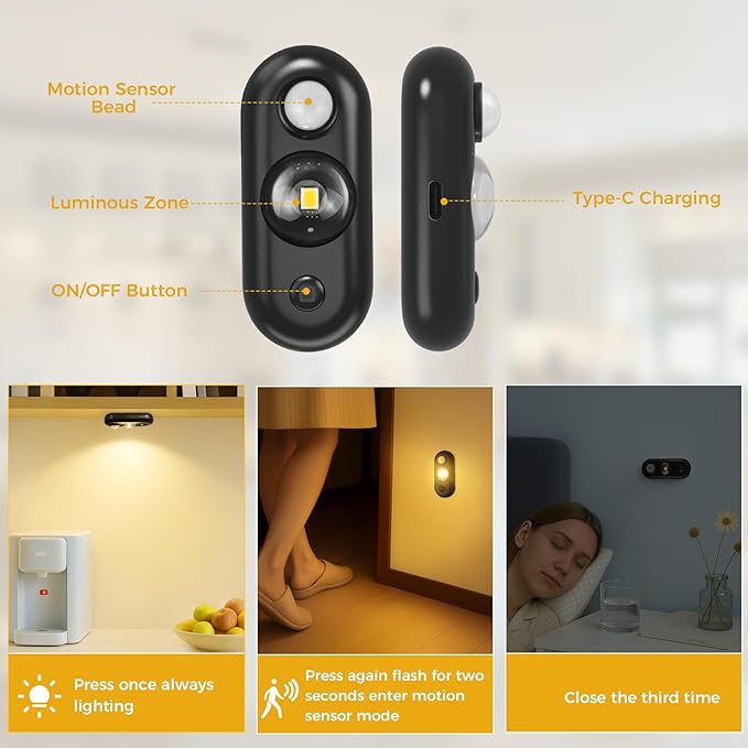 LED Motion Sensor Puck Lights, Small Rechargeable Under Cabinet Light, Dimmable Warm White Closet Lights, Wireless Under Cabinet Lighting for Drawer, Kitchen (6 Pack)