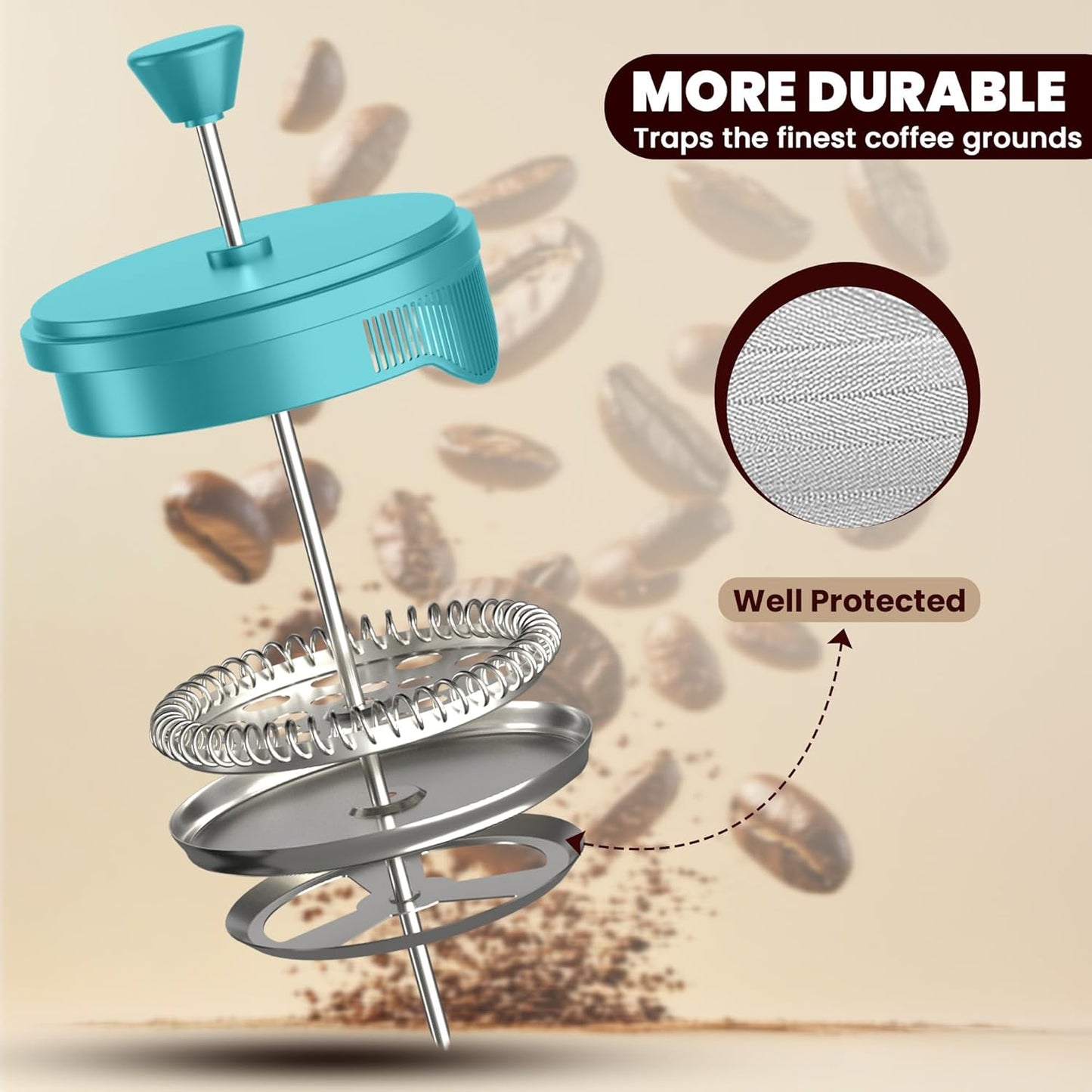 Utopia Kitchen French Press Espresso and Tea Maker with Triple Filters, Stainless Steel Plunger and Heat Resistant Borosilicate Glass (Aqua, 12-oz (Pack of 1))