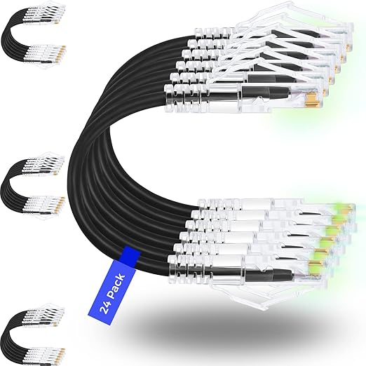 Rapink Patch Cables Cat6/ Cat6a 2ft (24 Pack) Slim, Cat6a Ethernet Patch Cable 10G Support, Snagless Cat 6 Patch Cable for Patch Panel to Switch, Flexiable Cat6 Ethernet Cable Black