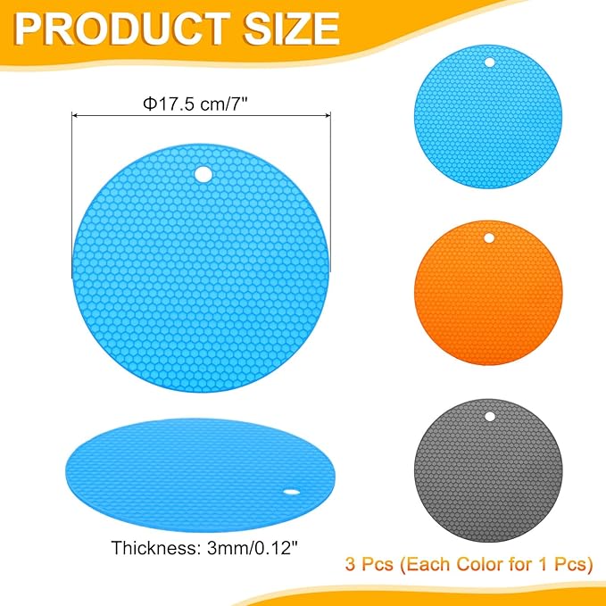 uxcell 3pcs Silicone Jar Opener Pads, 17.5cm/7" Texture Can Opener Multipurpose Round Bottle Lid Opener Non-Slip Coasters for Weak Hands Seniors Children, Orange, Blue, Gray