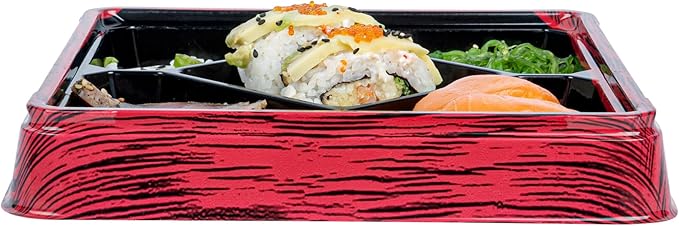 Restaurantware Bento Tek 18.6 Ounce Meal Prep Containers, 100 Disposable To Go Food Boxes - Lids Sold Separately, 5 Compartments, Red And Black Plastic Bento Lunch Boxes, Freezable, For Take Out
