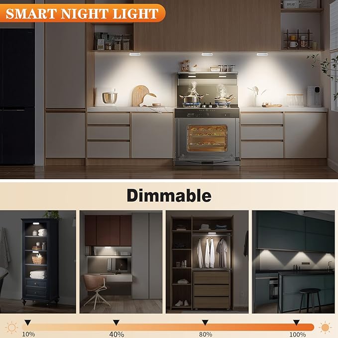 Warm Color LED Closet Lights Wireless Motion Sensor Puck Light, USB Rechargeable Battery Operated Puck Step Lights with Remote, Dimmable Under Cabinet Lighting for Counter Wardrobe Kitchen (6 Pack)