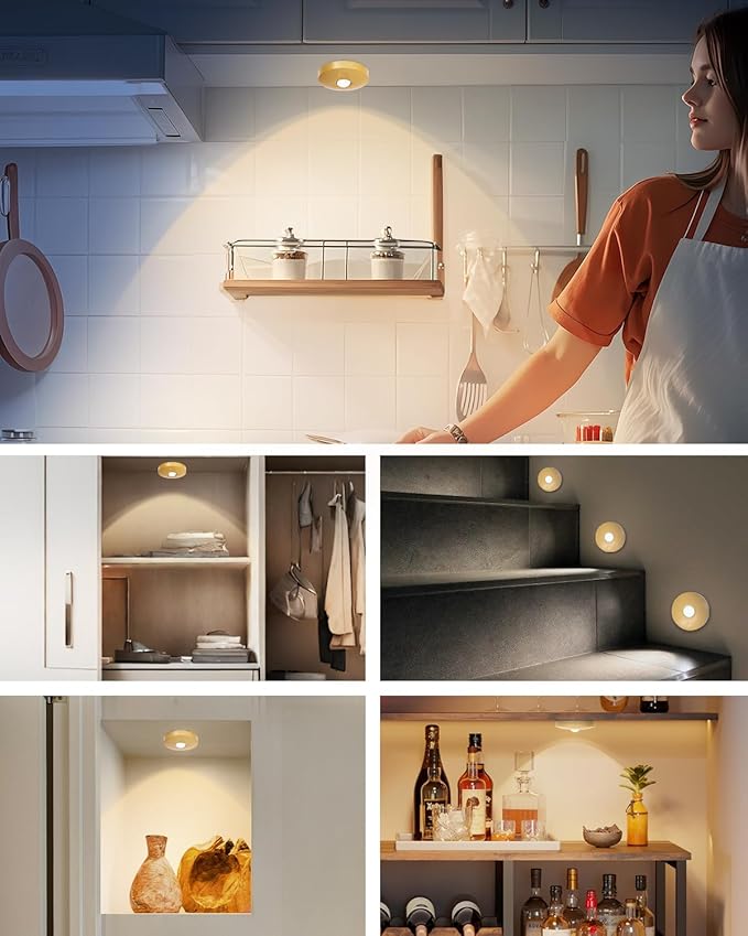 Rechargeable Puck Lights with Remote Control, 1500mAh Battery, 6Pcs Gold Stick-on Lights for Under Cabinet, Closet, Bedroom, Kitchen with Dimmer & Timer Function