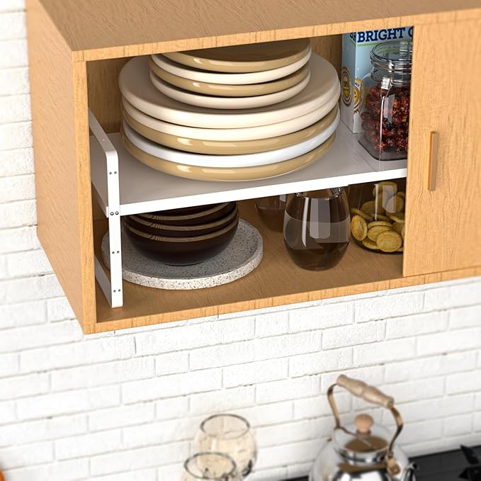 SANNO Expandable Kitchen Shelf Organizers, Stacking Shelf Large Kitchen Cupboard Organizer Stackable Counter Shelf Organizer Large Expandable Shelves, White 3 Pack