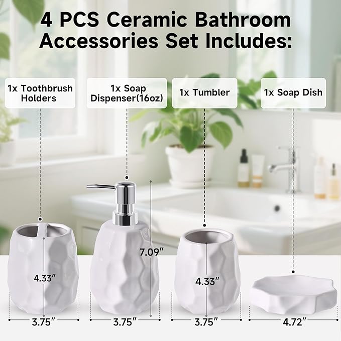 Ceramic Bathroom Accessories Set 4 PCS,Modern Bathroom Accessory Set,Include Toothbrush Holder,Soap Dispenser, Tumbler,Vanity Tray,Bathroom Sets Decor Organizer with Soap Dish,Apothecary Jar (White)