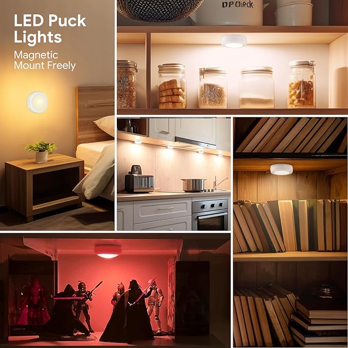 Yiliaw LED Puck Lights with Remote Control, AA Battery Operated, 12 Color Closet Under Cabinet Lighting, Push Tap Light, Under Counter for Kitchen, 3 Pack, White-Magnetic