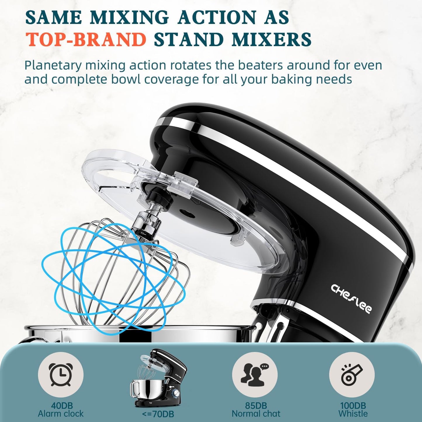CHeflee Stand Mixer,600W 6+P With 6.5QT Stainless Steel Bowl,Dough Hook, Wire Whip & Beater,for Most Home Cooks,Black