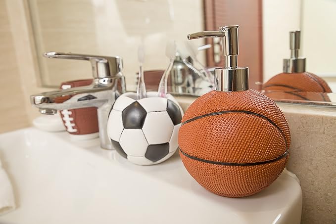 4-Piece Sports Bathroom Accessories Set Complete with Basketball Lotion/Soap Dispenser,Soccer Bath Cup/Tumbler,Base Ball Soap Dish,Football Toothbrush Holder