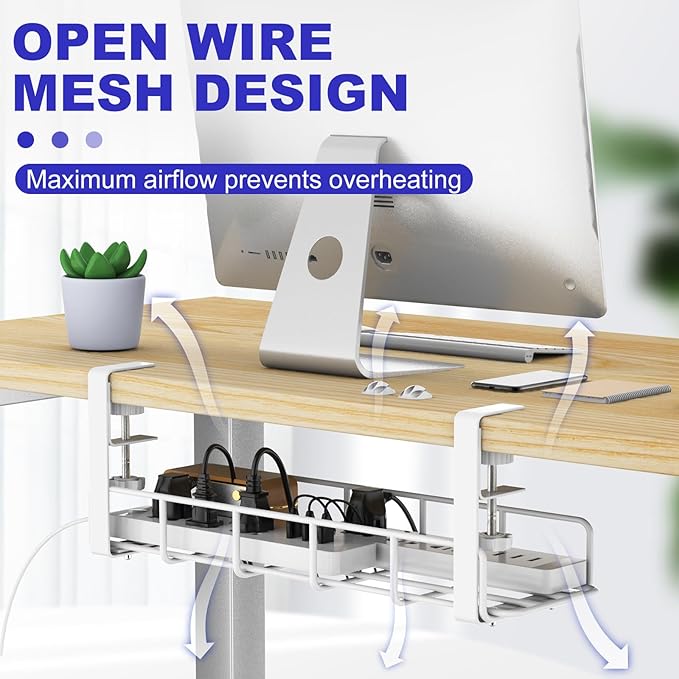 Under Desk Cable Management Tray, 15.7'' No Drill Steel Cable Tray Organizers, Wire Management Tray Cable Rack with Clamp Mount, Metal Under Desk Tray with Wire and Cord Organizer White（1pack