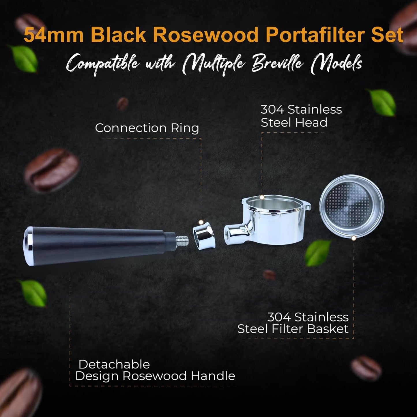 54mm Espresso Bottomless Portafilter 3 Ears Black Rosewood Handle – Fits 54mm Breville Espresso Machine – Includes Stainless Steel 18g Filter Basket & 53.35mm Espresso Puck Screen, 0.9mm 150μm
