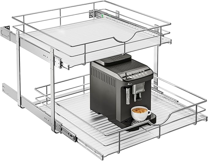 WelFurGeer 2-Tier Stainless Steel Pull Out Cabinet Organizer, Soft Close Damping Slides, Heavy Duty Chrome Plated Wire Basket with Shelf Liner, Perfect for Kitchen Cabinets, Pantry Storage, Under Sink