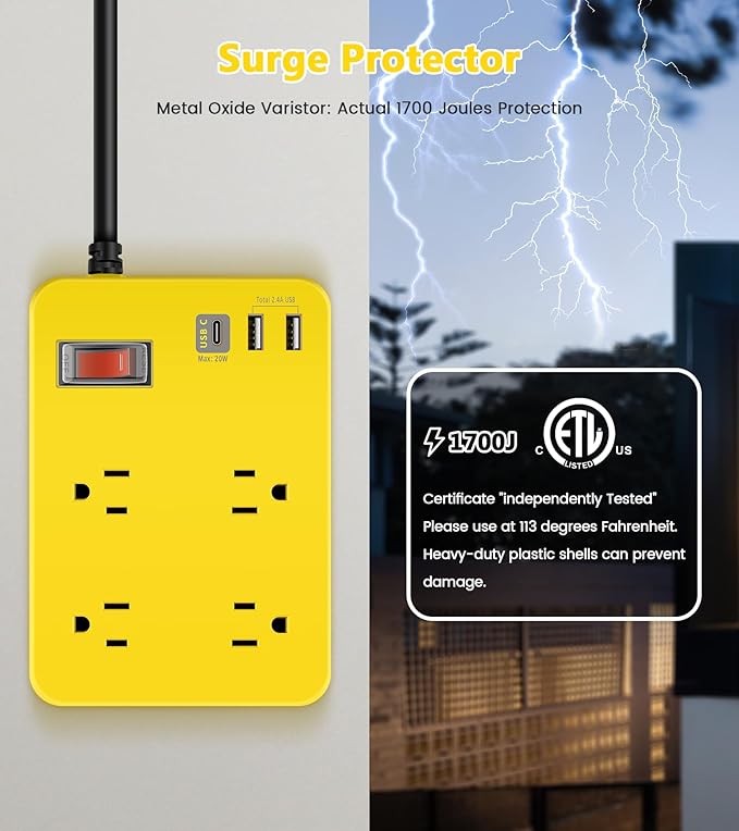Outdoor Power Strip Weatherproof,Fast Charging Station 20W USB C,Waterproof Surge Protector 4 Outlets, Multi Outlet Extension for Camping, Garden, Kitchen,Bathroom,Flat Plug (Yellow, 10 FT Cable)