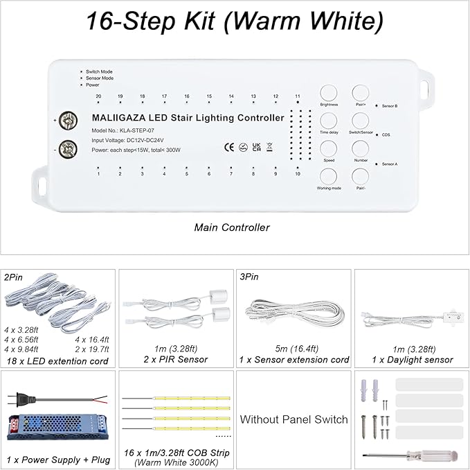 Motion Sensor LED Stair Light Kit, Multiple Working Mode Step Lights Including 3.28ft Cuttable COB LED Strips Indoor (16Stairs,3000K)