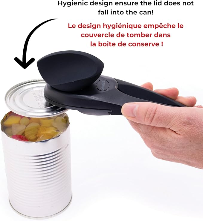 Starfrit MightiCan Can Opener - Safe - Holds Lid and Leaves No Sharp Edges on Lid - 3 Year Warranty - Comfort Grip - Heavy Duty Non-Slip Knob - Red