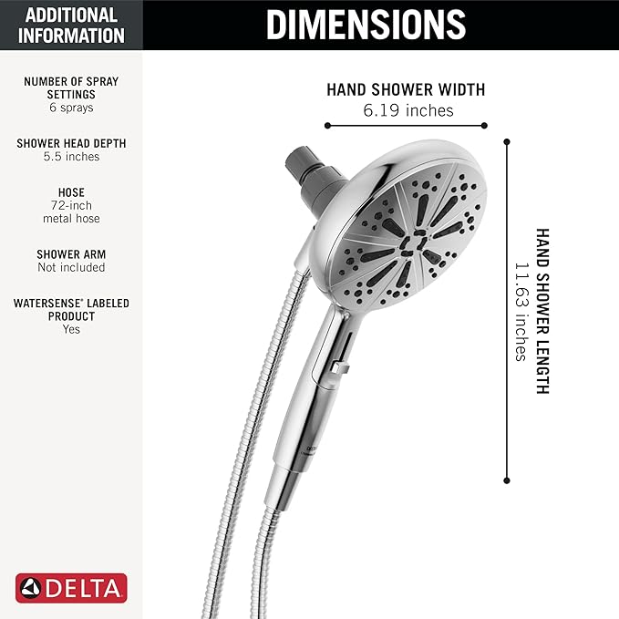 Delta Faucet 6-Spray SureDock Magnetic Shower Head with Handheld Spray, Chrome Shower Head with Hose, Showerheads & Handheld Showers, Handheld Shower Heads, Hand Shower, Chrome 75613