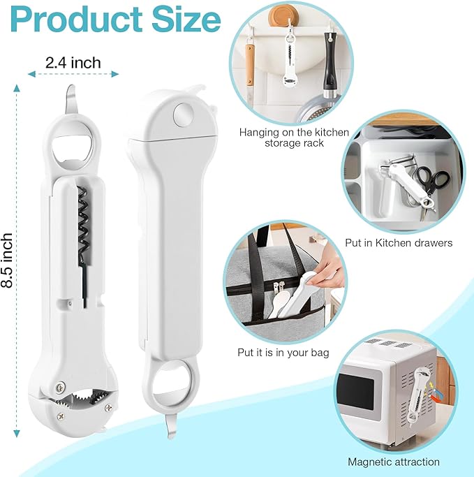 Jar Opener Bottle Opener and Lid Opener for Seniors with Arthritis, Weak Hands, Multi 7 in 1 Retractable Magnetic Can Opener, Original Kitchen Wine Opener Gadgets (White)