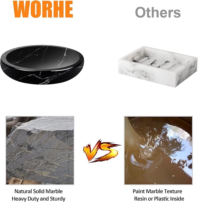 WORHE Marble Soap Dish Italy Natural Stone Sponge Holder for Bathroom Tub Shower Kitchen Sink, Handcraft Round Soap Case Organizer Trinket Plate Jewelry Tray Coaster for Home Decor Black (DL007)