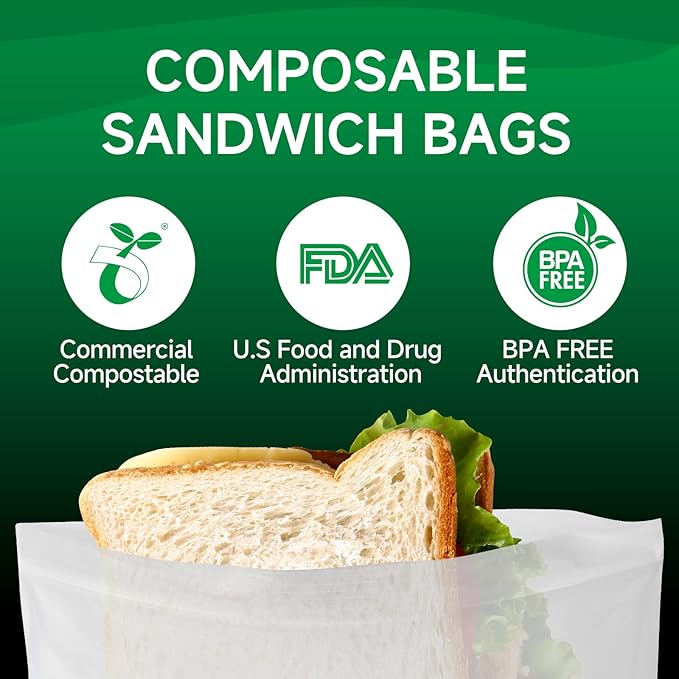 Compostable Sandwich Size Food Storage Bags Freezer and Leak Proof, (50 Eco Zip) Seal well for Sandwich or Fruit Plant-Based BPA-free (50Bags)