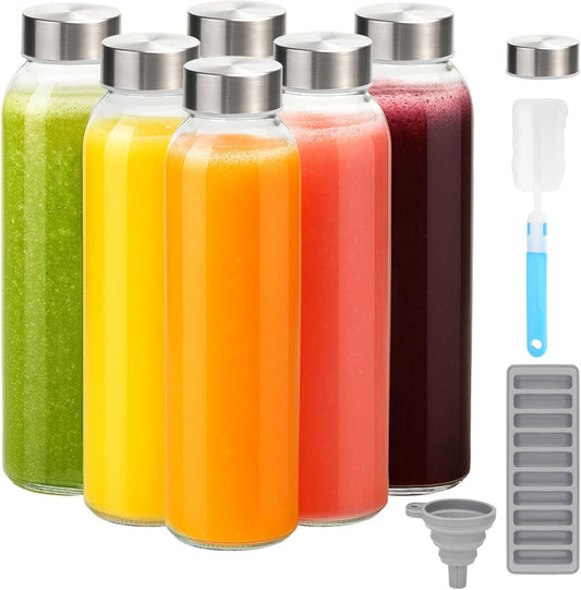 Zukro Glass Juice Bottles with Lids for Juicing 18 oz, Reusable Clear Glass Water Bottles with Stainless Steel Airtight Cap for Refrigerator, 100% Leak Proof Drinking Jar, BPA Free, Set of 6