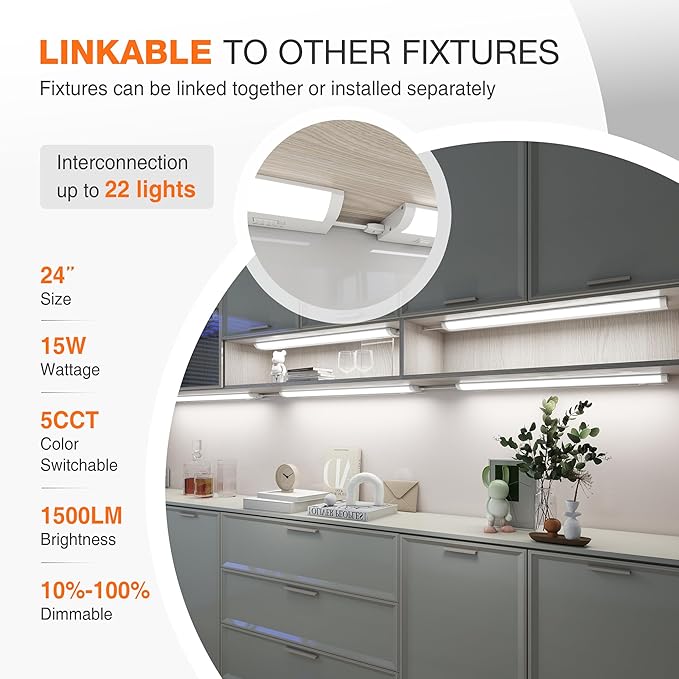 24inch Linkable Under Cabinet Lighting Hardwired Plug-in, Wired led Under Cabinet Lights with 5 CCT (2700/3000/3500/4000/5000) & Dimmable, Under Counter Lights for Kitchen, 15W, 1500LM, 2 Pack